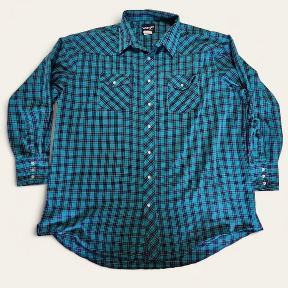 Wrangler‎ Men's Pearl Snap Plaid Western Shirt | 19x36 Tall | Teal, Blue, Yellow - Picture 1 of 6